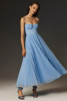 The Hutch Amara Dress features a sweetheart neckline, corset-inspired bodice, and all-over pleating. It is a midi length dress made from polyester and tin. Blue Wedding Guest Dresses, Moh Dress, Amara Dress, Pleated Tulle, Flare Midi Dress, Tulle Midi Dress, Guest Attire, Wedding Attire Guest, Blue Bridesmaid Dresses