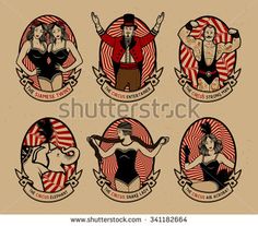 set of vintage circus emblems with woman and man in retro style on brown background