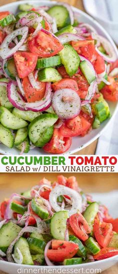 cucumber tomato salad in a white bowl with text overlay that reads, cucumber tomato salad done in 10 minutes easy dill dressing