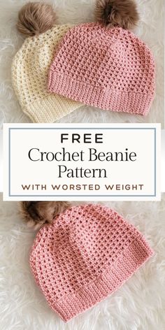 two crochet beanie hats with pom poms on top and the words free