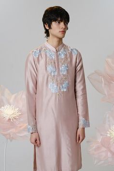 Pastel pink straight kurta featuring rose motif, silk thread, zardozi and pearl embroidery on the front and sleeve hem. Paired with a pant. - Aza Fashions Men Kurta, Pearl Embroidery, Rose Motif, Straight Kurta, Kurta With Pants, Full Sleeves, Silk Thread, Pink Silk, Embroidered Silk