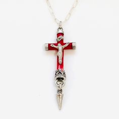 This truly unique and one of a kind and rare vintage cross necklace in coral and sterling silver makes an extra special piece of jewelry or gift for any Christian woman or girl. Inspired by John 3:16, "For God so loved the world that he gave his one and only Son, that whoever believes in him shall not perish but have eternal life." Features a crucifix style with a sterling silver Jesus on coral cross and all sterling silver details and components. A beautiful expression of faith for any Baptism, Red Crucifix Cross Necklace For Gift, Red Crucifix Cross Necklace Gift, Handmade Red Crucifix Jewelry, Red Sterling Silver Cross Necklace, Red Cross Necklace In Sterling Silver, Vintage Cross Necklace, Christian Cross Necklace, Jesus Necklace, Crucifix Necklace