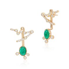 These intricately designed earrings showcases the Emerald and Diamonds in perfect harmony as if they were dancing together in the light.  Gemstone Galley:  Dubbed the best emeralds in the world, Colombian Emeralds originate in the lush green mountains north of Bogotá, Colombia. Also referred to by natives as “evening stone,” the Colombian Emerald is marked first by its color and then by a unique pattern of inclusions, Jardin, French for garden, as they remind of plant foliage.  Length 24mm Gross Plant Foliage, Dancing Together, Green Mountains, Alphabet Jewelry, Diamond Color Grade, Colombian Emeralds, Green Mountain, Perfect Harmony, Mens Jewelry Bracelet