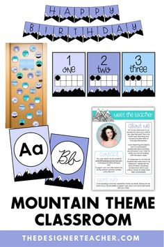 the mountain theme classroom display with blue and black decorations