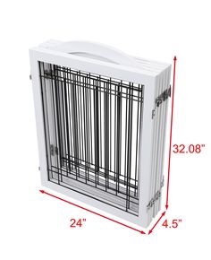 a white dog cage with measurements for the top and bottom section, showing the width