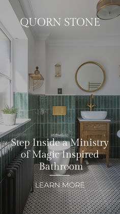 a bathroom with green tiled walls and flooring next to a sink, mirror and radiator