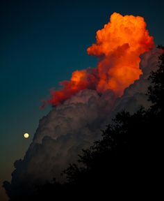 an orange cloud is in the sky above some trees at night with a half moon behind it