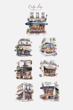 some buildings that are drawn in watercolor and ink with the words cafe shop on them