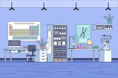 a room with blue walls and shelves filled with lab supplies