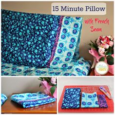 an image of a bed with blue and pink flowers on it, the text 15 minute pillow is overlayed