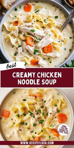 creamy chicken noodle soup with carrots and parsley