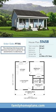 the floor plan for a small house with an attached porch and covered front porch area