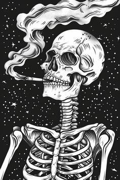 Skull / skeleton smoking a cigarette Ciggerate Drawing, Skeleton Art Drawing, Poster Skeleton, Lungs Art, Drawings Inspo, Cool Skeleton, Leather Designs