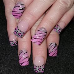 Lepord Nails Designs, Nails French Pink, Zebra Stripe Nails, Wild Nails, Pink Zebra Nails, Zebra Nail Designs, Geometric Nails, Summer Nails Colors Designs, Cheetah Nail Designs