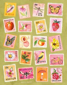 the stamps are all different colors and have flowers on them, butterflies, apples, watermelon, peaches