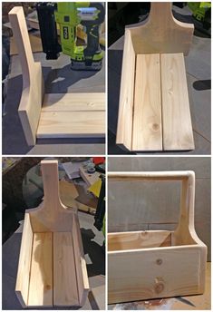 the steps to make a wooden chair out of wood are shown in four different pictures