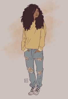 a drawing of a woman with long hair wearing ripped jeans and a yellow shirt, standing in