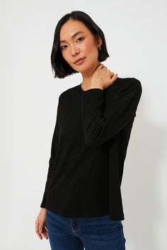 Black Kayne Tee Black Long Sleeve Top For Everyday Fall Wear, Black Long Sleeve Fine Knit Top, Black Fine Knit Long Sleeve Tops, Long Sleeve Top With Thumbholes, Classic Long Sleeve Tops For Everyday, Everyday Crew Neck Long Sleeve Top With Thumbholes, Basic Long Sleeve Crew Neck Top For Fall, Chic Crew Neck Long Sleeve Top For Work, Versatile Black Crew Neck Sweater