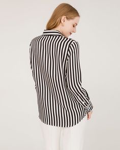 100% Mulberry Silk Breathable & Lightweight Lightweight & Comfortable Crafted from 16 Momme silk twill, the striped silk shirt offers a relaxed fit that adds a modern ease and subtle sophistication to this classic piece. Classic Striped Blouse With Relaxed Fit, Classic Relaxed Fit Blouse With Vertical Stripes, Chic Vertical Stripes Office Shirt, Classic Blouse With Vertical Stripes And Relaxed Fit, Chic Office Shirt With Vertical Stripes, Chic Vertical Stripes Shirt For Workwear, Chic Shirt With Vertical Stripes For Work, Striped Collared Blouse For Work, Chic Striped Office Blouse