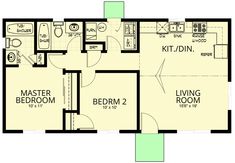 the floor plan for a two bedroom apartment with an attached kitchen and living room area