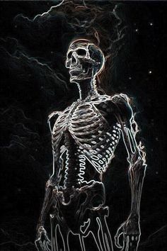 a skeleton standing in front of a dark sky with clouds and lightnings behind it