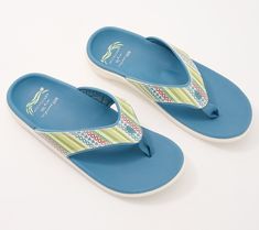 Heading to the pool, park, or beach? Try a new route with this fresh-printed sandal. This iteration of the beloved Yumi -- created in collab with QVC® Program Host Kerstin Lindquist -- boasts the same softly webbed toe post and deep heel cupping you've come to love. From RevitalignTM. Green Flip Flops With Removable Insole For Vacation, Blue Flip Flops With Ortholite Insole For Summer, Blue Summer Flip Flops With Ortholite Insole, Blue Ortholite Insole Flip Flops For Summer, Blue Slides With Arch Support For Beach, Blue Beach Slides With Arch Support, Blue Slides With Arch Support For Vacation, Green Beach Slides With Arch Support, Green Flip Flops With Arch Support For Summer