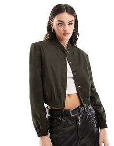 ASOS DESIGN top collar premium leather jacket in black | ASOS Design Jacket, Strong Shoulders, Fall Fashion Trends, Khaki Green, Crop Jacket, Fitness Models, Autumn Fashion, Tops Designs, Bomber Jacket