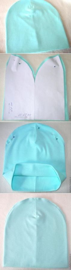 three pictures showing how to make a hat with the top and bottom part cut out