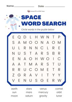 the space word search worksheet for kids to learn how to use it in their handwriting