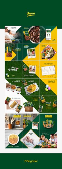 an advertisement for various foods and drinks on the side of a green background with yellow accents