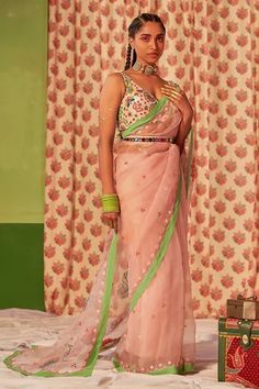 Shop for Siddhartha Bansal Pink Silk Organza Embroidered Saree With Blouse for Women Online at Aza Fashions Patchwork Saree, Siddhartha Bansal, Pink Saree Silk, Embroidery Patchwork, Ivory Blouse, Scalloped Border, Embroidered Saree, 3d Embroidery, Beaded Neckline