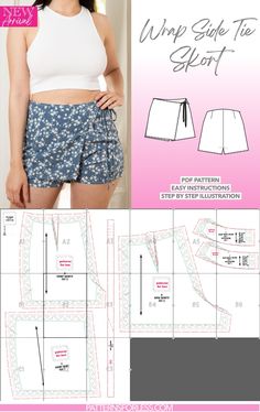 Wrap Side Tie Skort Sewing Pattern Skort Sewing, Skort Sewing Pattern, Shorts Sewing, Diy Wardrobe, Women Bottoms, Sewing Instructions, Overlay Skirt, Helpful Tips, Sewing Pattern