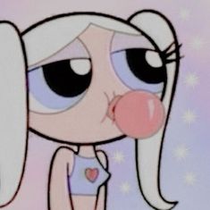 a cartoon girl blowing bubbles with her nose in front of the camera and stars on the background