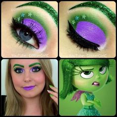 Purple eyeshadow Inside Out Inspired Makeup, Disgust Inside Out Makeup, Disgust Inside Out Costume, Disgust Makeup, Inside Out Makeup, Disney Eye, Inside Out Disgust, Disney Eye Makeup