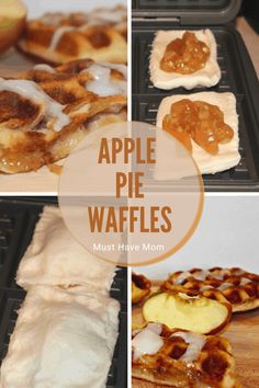 apple pie waffles are shown in four different pictures