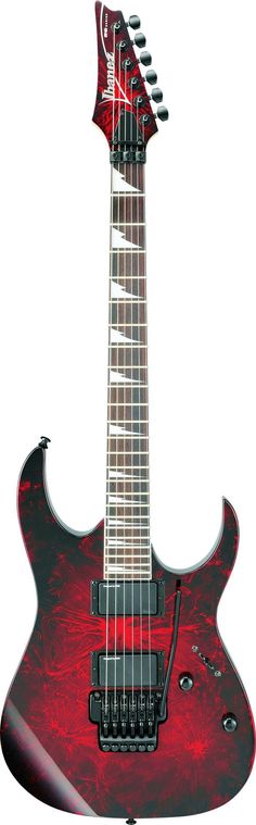 an electric guitar is shown in red and black colors, with the neck cut out