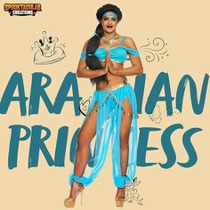 a woman in a blue outfit is standing with her hands together and the words arabian princess on it