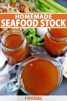 homemade seafood stock in glass jars on a table with vegetables and sauces around it