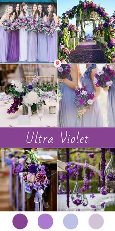 a collage of photos with purple and white flowers in the center, lavender hues on