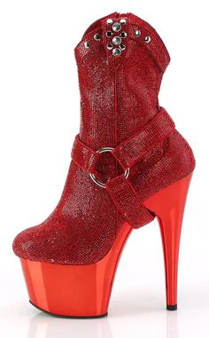 YEEHAW!!! Giddy-up partner in these fancy AF rhinestone heels. Shimmer and shine from every angle! The ADORE-1029CHRS boots are entirely covered in bright red rhinestones on the entire upper section and the detachable O-ring bootstrap while the platform is a shiny red chrome! These cute ankle boots secure with an inner zip for easy on/off. The Adore series features a 7" heel, and a 2 3/4" platform. Calf Circumference (Size 8): 26.1cmShaft Height (Size 8): 13.9cmMaterial: 100% vegan. US women's s Cowgirl Ankle Boots, Rhinestone Cowboy, 7 Inch Heels, Red Chrome, Cute Ankle Boots, Alternative Shoes, Cowboy Ankle Boots, Festival Shoes, Dance Heels