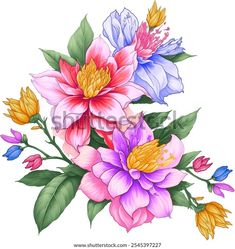 Multicolour Flower Bunch Digital Flower Stock Illustration 2545397227 | Shutterstock Flower Stock, Digital Flowers