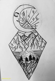 a drawing of mountains and trees with the moon in the sky above them on paper