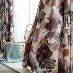 Purple and Brown Flower Curtains for Bedroom Art Watercolor Blackout Drapes Flower Curtains, Bird Curtains, Window Draft, Balloon Curtains, Geometric Curtains, Purple And Brown, Flower Curtain, Brown Flower, Curtain Texture