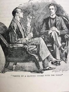 an old book with two men sitting in chairs and one is holding a cat on his lap