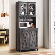 This tall bar cabinet is a versatile storage solution for your home. It features a wine rack, open shelves, and a cabinet with hidden shelves to store and display your kitchen, dining, or bar essentials. Coffee Bar Buffet, Wine Cabinet Design, Kitchen Cabinet Wine Rack, Cabinet Wine Rack, Tall Bar Cabinet, Wine Rack Table, Bar Buffet, Storage Cabinet With Doors, Hutch Cabinet