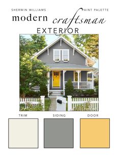 the exterior color scheme for modern craftsman's home with white pickets and yellow door