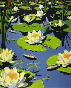 a painting of water lilies in a pond