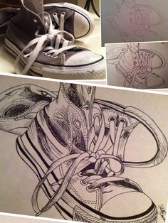 four different pictures of shoes with drawings on them and the bottom one has a shoelace