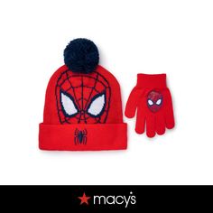 a red spiderman hat and glove set with the words macy's written on it