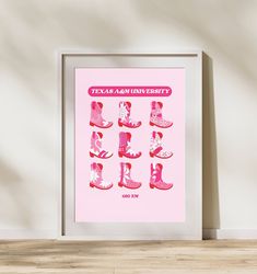 a pink poster with different types of boots on the wall next to a wooden floor